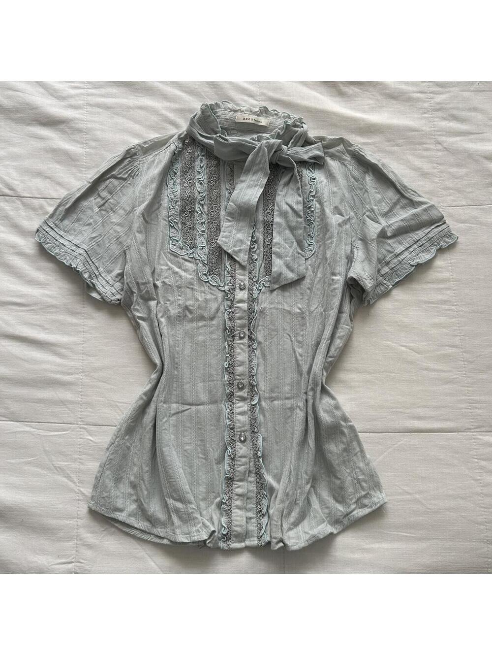 Axes Femme Baby Blue Ribbon Tie Lace Ruffle Puff Sleeve Blouse M Japan